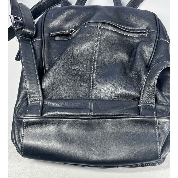 Tignanello Leather Backpack Black Bag Flap Over Zip Shoulder Straps Travel Purse - Picture 3 of 16